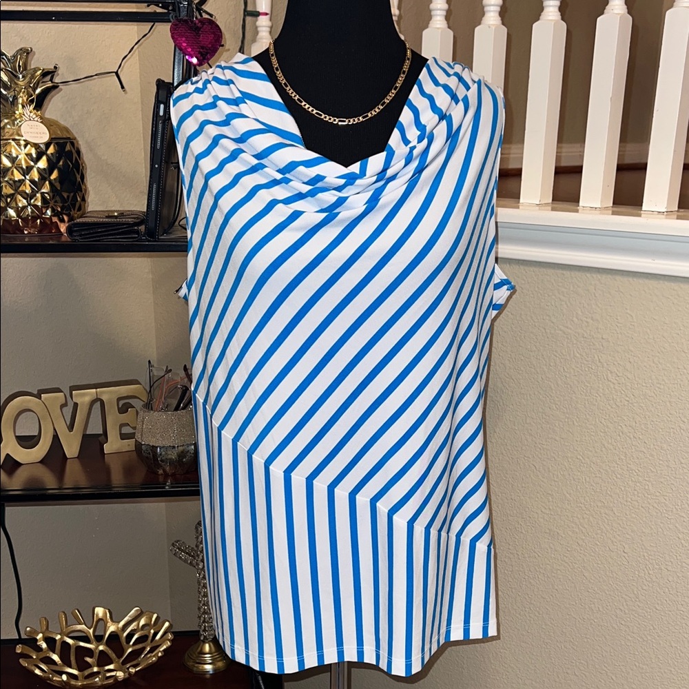 Calvin Klein Blue and White Diagonal Striped Blouse